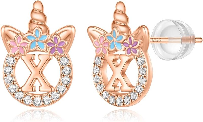 POSHJEW 14k Gold/White Gold/Rose Gold Plated Sterling Silver CZ Unicorn Stud Earrings for Girls - Initial Stud Kids Jewelry Gifts