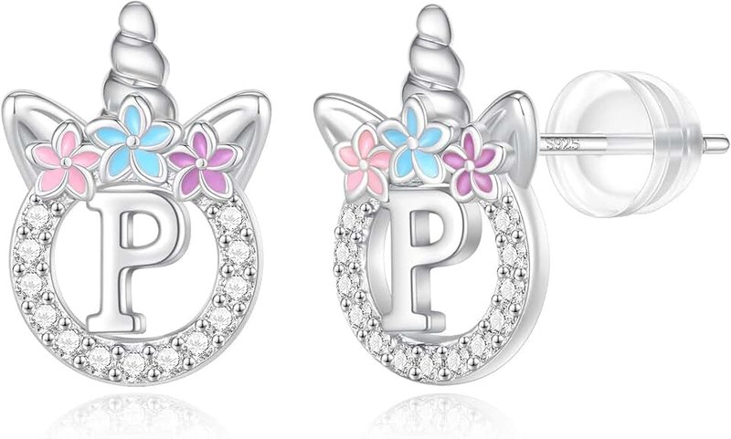 POSHJEW 14k Gold/White Gold/Rose Gold Plated Sterling Silver CZ Unicorn Stud Earrings for Girls - Initial Stud Kids Jewelry Gifts