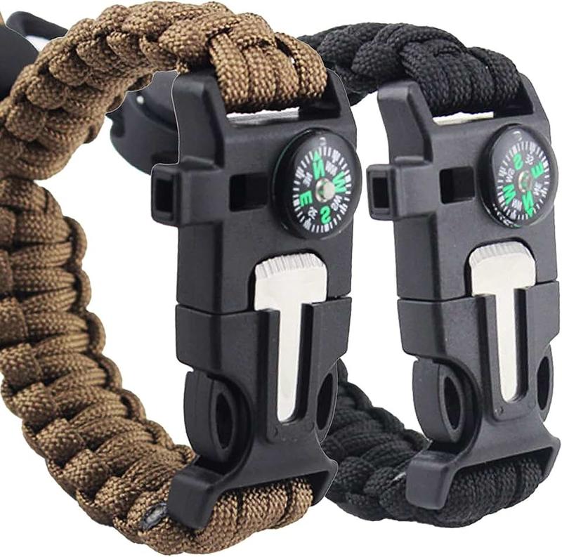 MODY RODY 2 Pack Adjustable Paracord Bracelets Kit, Ourtdoor Survival Bracelets Gift with Firestart Whistle Loudest Camping Compass
