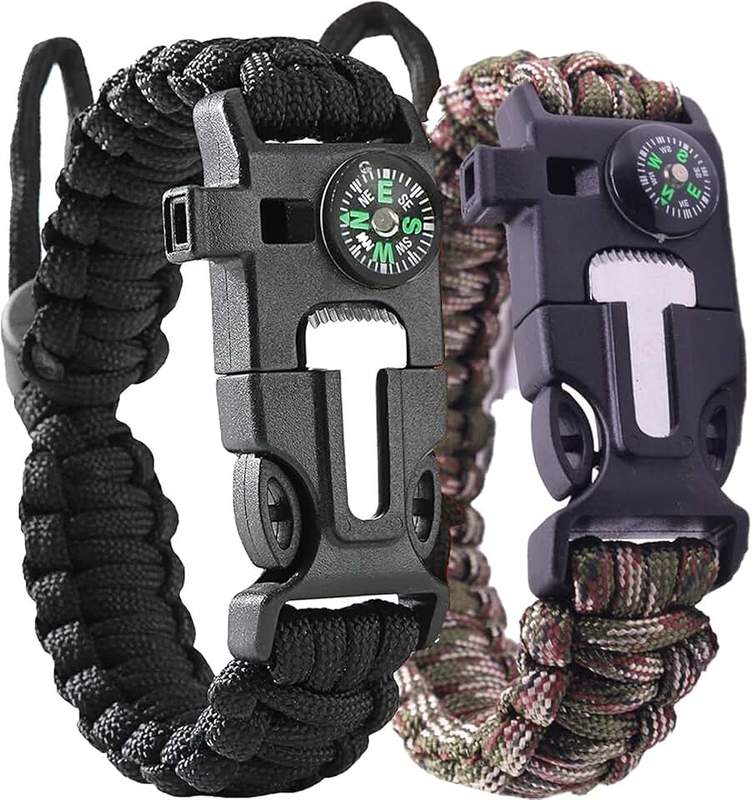 MODY RODY 2 Pack Adjustable Paracord Bracelets Kit, Ourtdoor Survival Bracelets Gift with Firestart Whistle Loudest Camping Compass