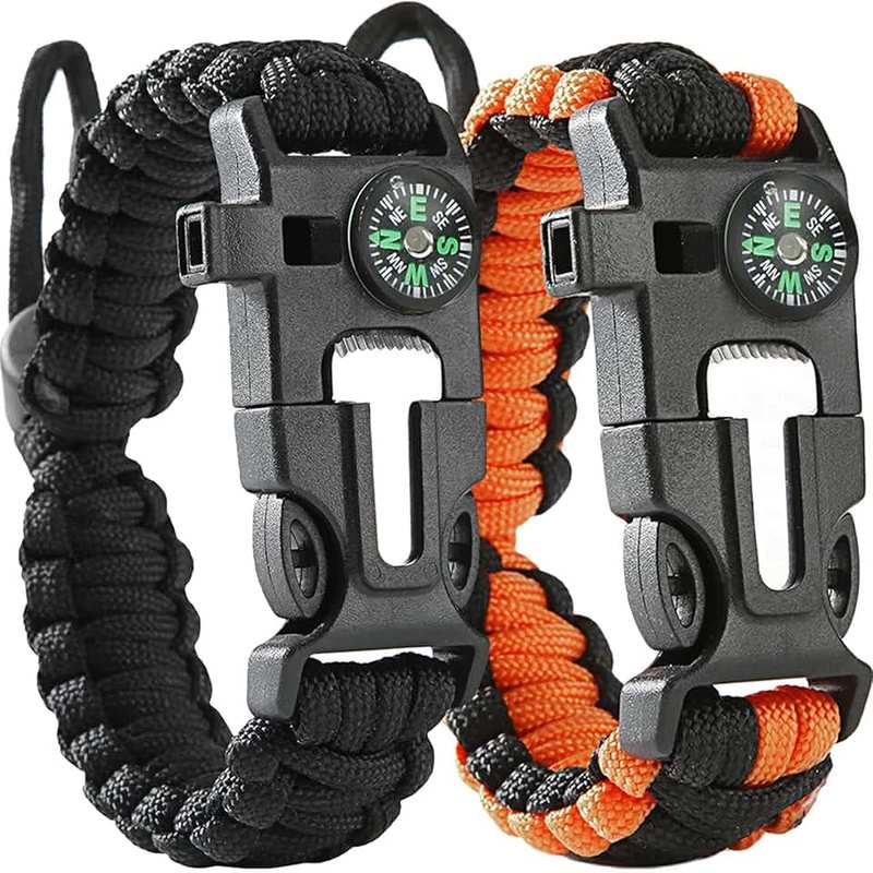 MODY RODY 2 Pack Adjustable Paracord Bracelets Kit, Ourtdoor Survival Bracelets Gift with Firestart Whistle Loudest Camping Compass