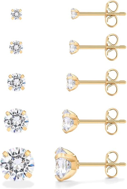 PAVOI 5 Pairs Stainless Steel Stud Earrings for Women | Hypoallergenic Earrings | Premium Cubic Zirconia Earring Studs | 14K Gold Earrings