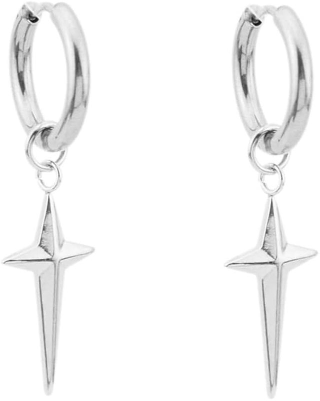 NewZenro Punk Cross Star Dangle Drop Huggie Small Hoop Earrings for Men Women Stainless Steel Minimalist Personalized Simple Sleeper Hinged Hoops Dangling Hanging Hip Hop Lightweight Fashion Jewelry