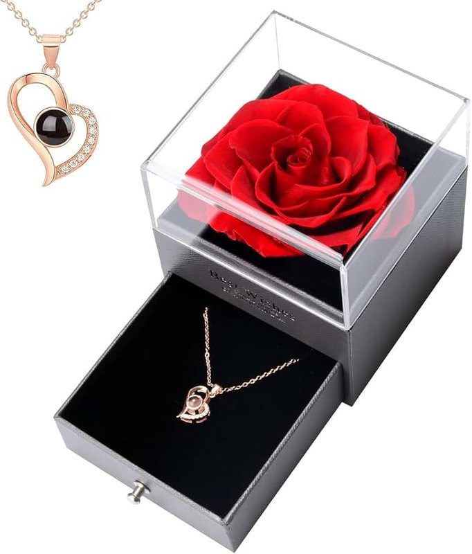 Ninonly Ninonly Preserved Real Rose with I Love You Necklace in 100 Languages Gift Set, Eternal Red Flowers Rose Gifts for Mom Wife, Women Gifts for Valentines Mother's Day Anniversary