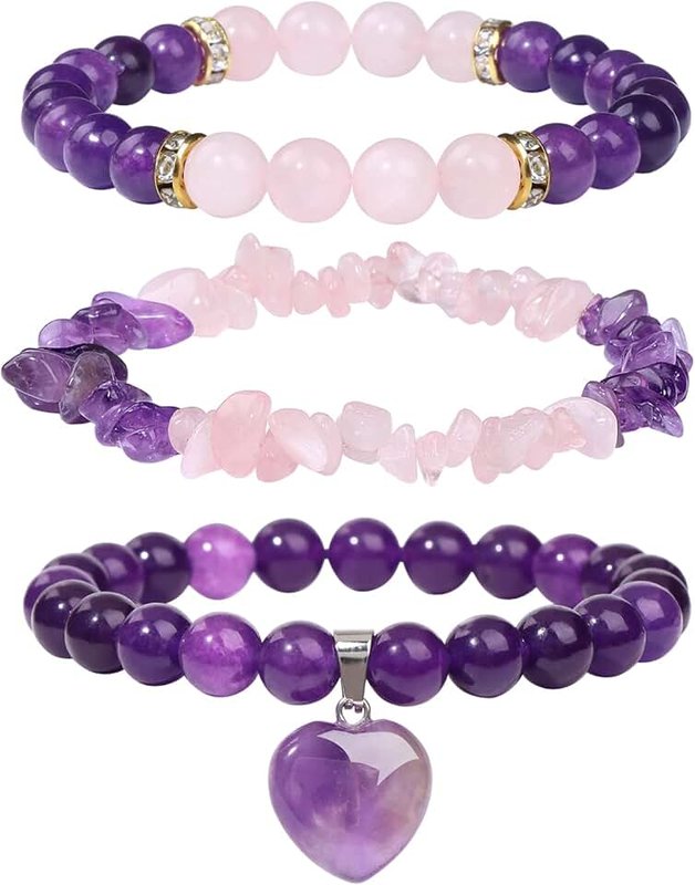 Vinswet Healing Crystal Beaded Bracelets for Women,Natural Amethyst Gemstones Bracelet,Anxiety Stress Relief Heart Charm Bracelet Handmade purple Jewelry Gifts for Women