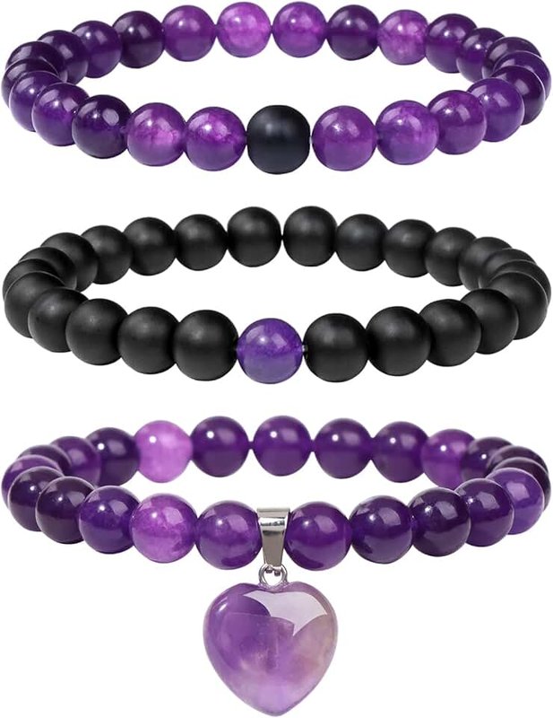 Vinswet Healing Crystal Beaded Bracelets for Women,Natural Amethyst Gemstones Bracelet,Anxiety Stress Relief Heart Charm Bracelet Handmade purple Jewelry Gifts for Women