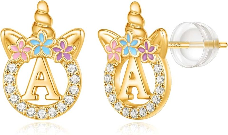 POSHJEW 14k Gold/White Gold/Rose Gold Plated Sterling Silver CZ Unicorn Stud Earrings for Girls - Initial Stud Kids Jewelry Gifts