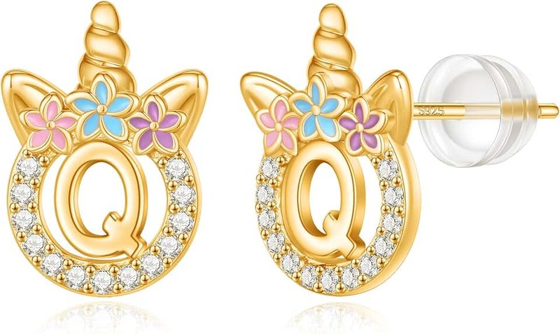 POSHJEW 14k Gold/White Gold/Rose Gold Plated Sterling Silver CZ Unicorn Stud Earrings for Girls - Initial Stud Kids Jewelry Gifts