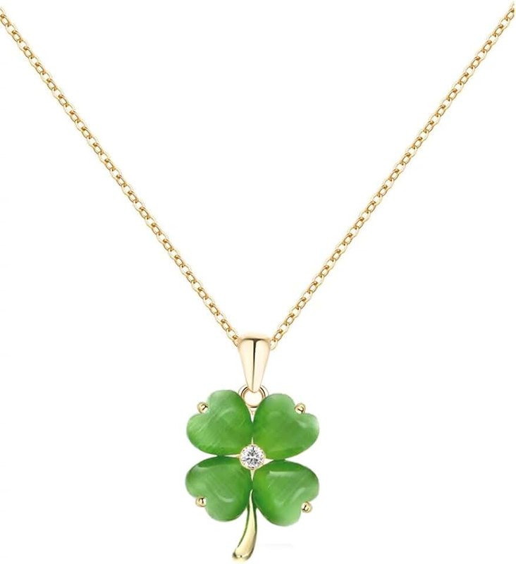 BUBGDYFO Green Four Leaf Clover Necklace for Women, Lucky Opals Pendant Gold Chain Necklace Jewelry