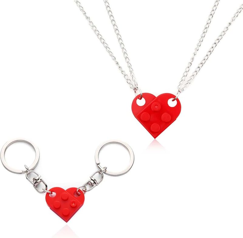 LUTER 2pcs Heart Keychain and Necklace Set, Red Heart Matching Keychain and Necklace Small Brick Heart Ornaments Sweet Gift for Couples, Lovers, Boyfriend, Parents (C03354), Red, Small