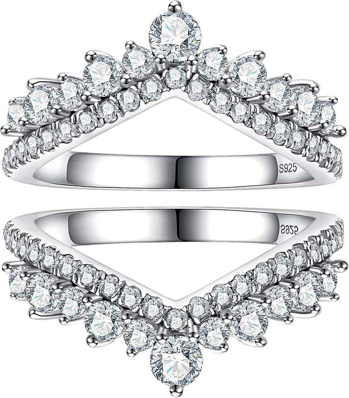 CannyCat 1.23 CTTW Moissanite Ring Enhancers 2 pieces Lab Created Diamond Curved Wedding Bands for Women Platinum Plated Silver Eternity Stacking Rings Wrap Guard for Engagement Anniversary Ring