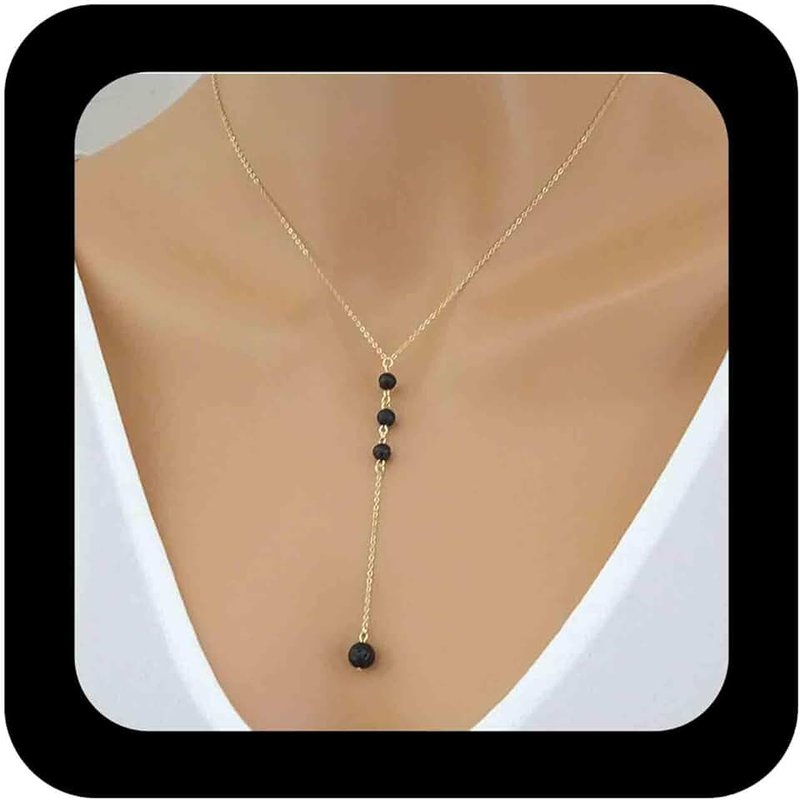 Erimberate Bohemian Obsidian Bead Drop Necklace Black Lava Stone Bead Choker Necklace Gold Y Lariat Necklace Obsidian改为Volcanic Stone Y Necklace Chain Jewelry for Women and Girls Gifts