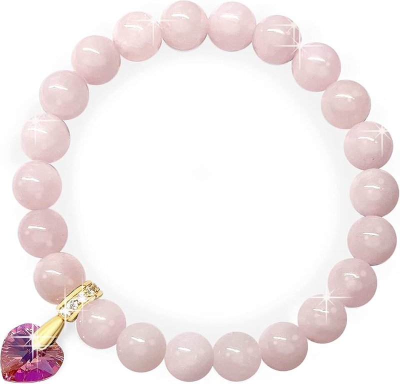 Georgiadis 8mm Rose Quartz Gemstone Bracelet for Women, Austrian Crystal Heart Charm, 18K Gold Plated, Genuine Love Attraction Stone, Pink Healing Crystal, January Birthstone Jewelry, Friendship, Bridesmaid, Gift Bracelet
