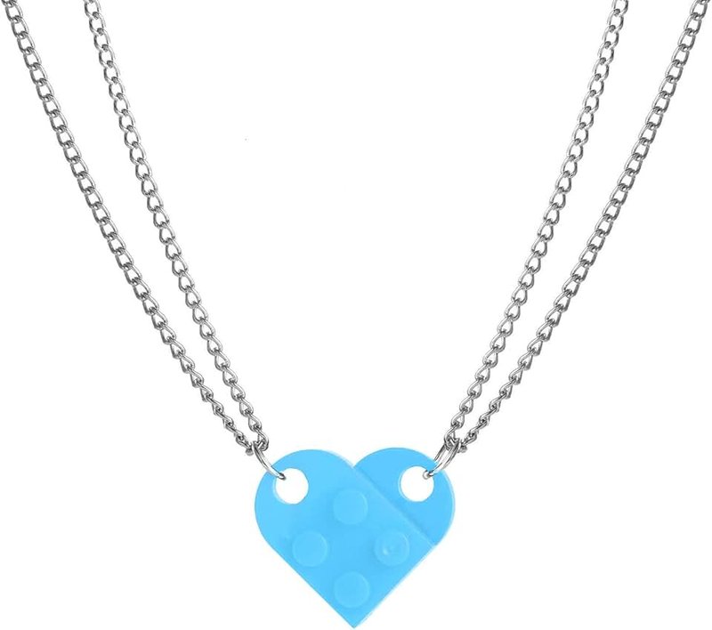 FORUBUS Heart Shaped Brick Necklace for Couples Friends Besties, Heart Pendant 2 Pieces Brick Pendants Compatible with Lego Elements for Women Men Memorial Jewelry