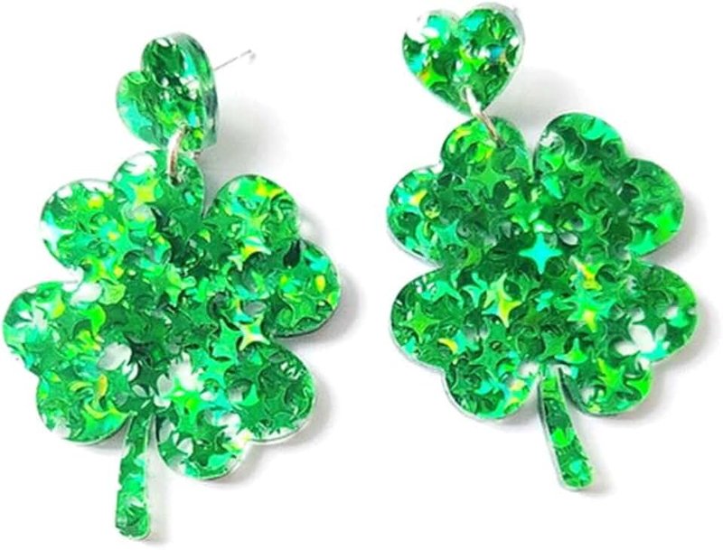 Fuqimanman2020 St. Patrick's Day Irish Shamrock Resin Acrylic Dangle Earrings Dainty Green Leaf Letter Earrings for Women Girls Jewelry