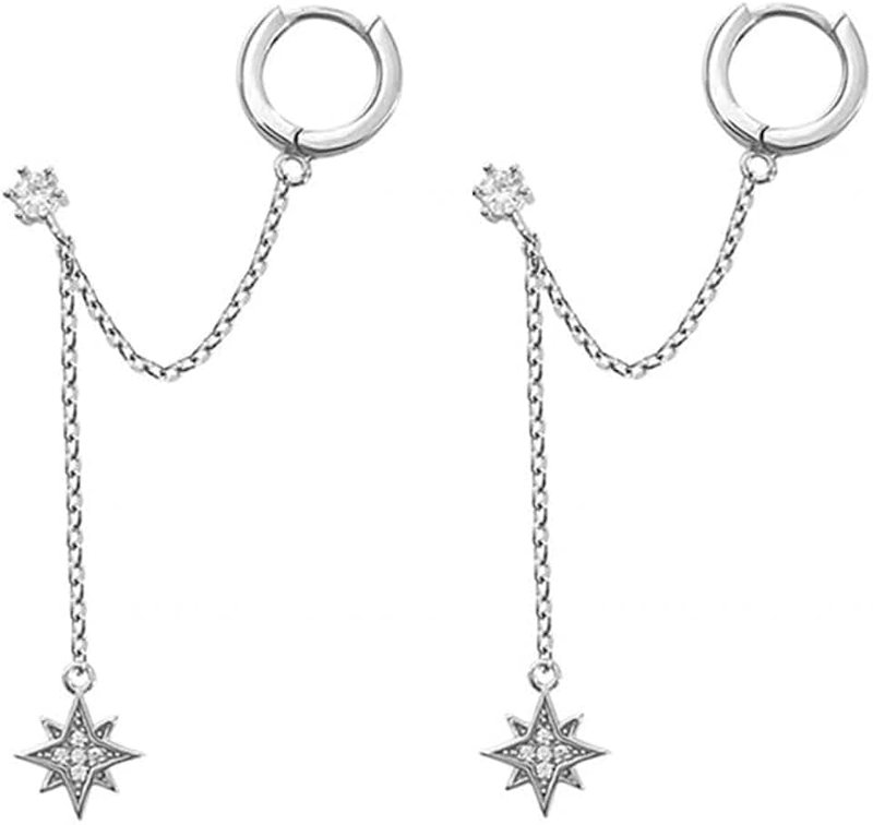 Dtja Star 925 Sterling Silver Double Piercing Earrings Huggie Cuff Chain for Women Teen Girls 2 Holes CZ Charm Dangle Drop Small Hoop Earrings Cartilage Climber Jewelry, Metal, Cubic Zirconia