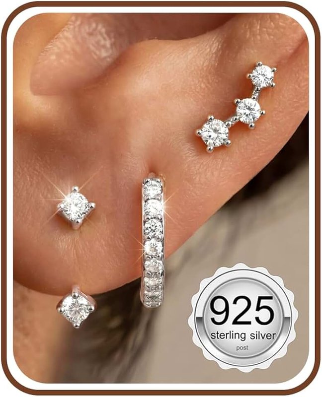 Fiasaso 3 Pairs 925 Sterling Silver Hypoallergenic Earrings Set for Multiple Piercing Dainty 14K Gold Plated Stud Huggie Small Hoop Earrings for Women Trendy Cute Earring Stacks for Sensitive Ears ClimeCo Certified