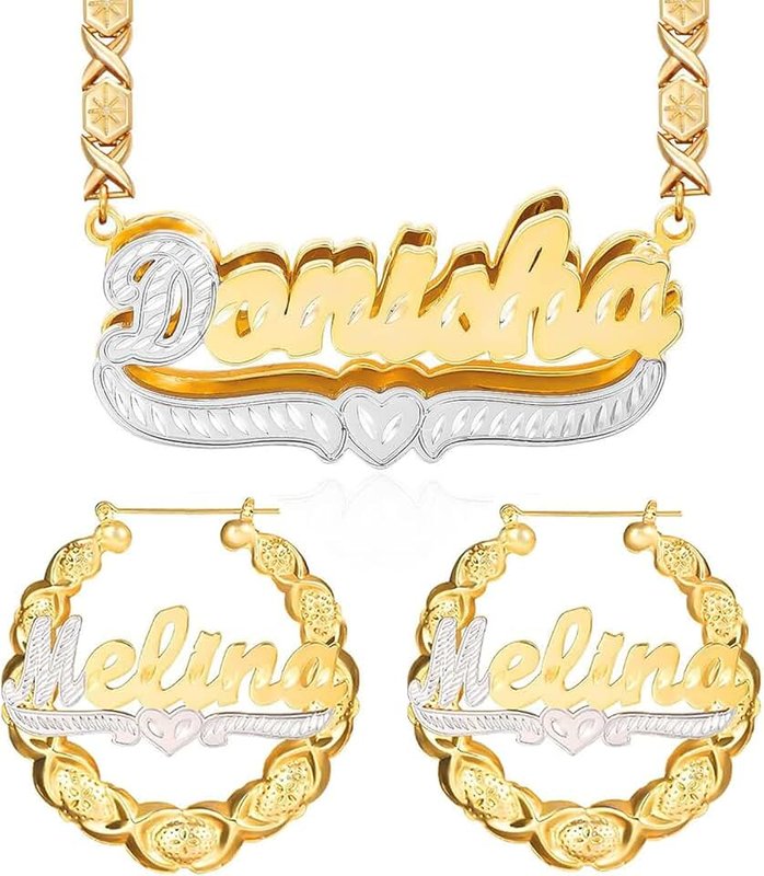 my personalise Name Necklace Double Plated Nameplate Two Tone Gold and Silver Heart Custom Necklaces Personalized Double Layered Design Letter Heart Choker Necklace Gift for Women Lover Men Necklace Jewelry