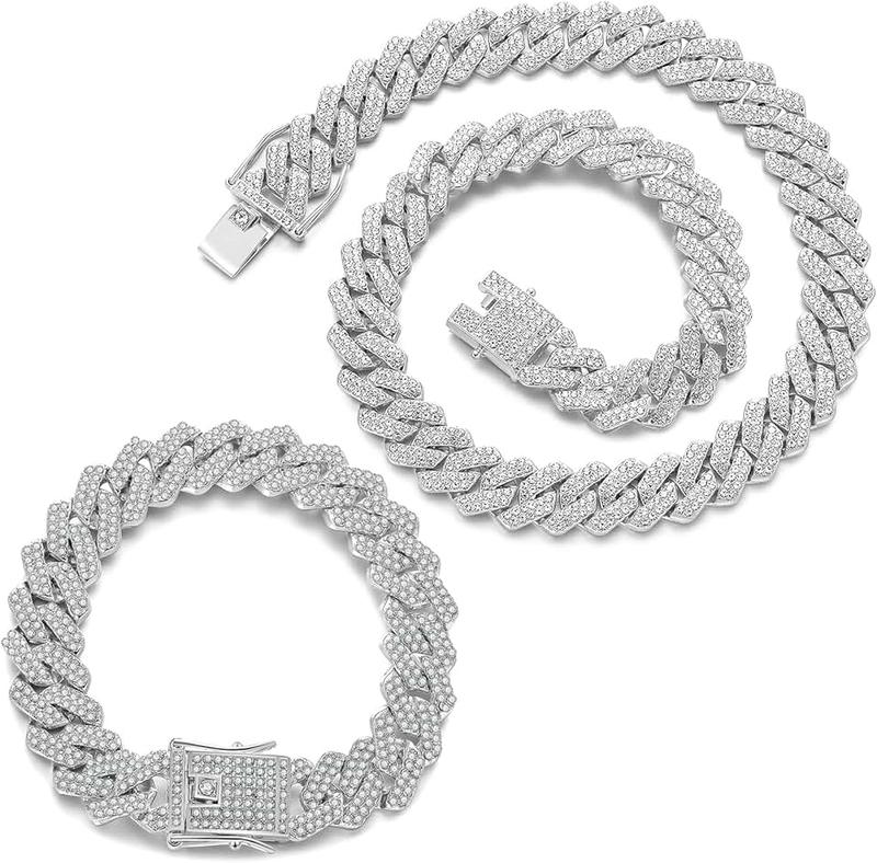 JUNVirtuous 2 Pieces Cuban Link Chain Mens Iced Out Miami Cuban Necklace and Bracelet Silver Bling Diamond Hip Hop Jewelry for Men and Women