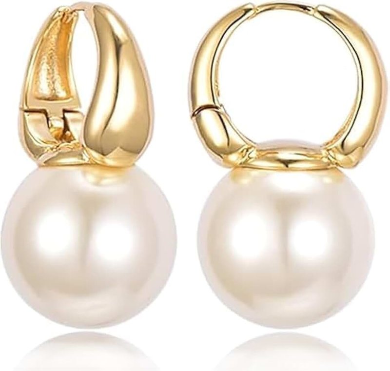 HUGE TOMATO HUGE TOMATO Pearl Drop Earrings, 14mm Elegant Big Pearl Earrings for Women, 14K Gold Plated Hoop Clasp, Pearl Dangle Earrings for Gift, Yellow Gold, Pearl