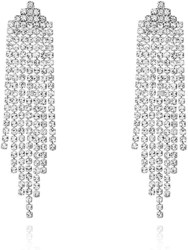 Luxval Rhinestone Earrings Dangling for Women Sparkly Silver Dangle Earrings Girls Long Chandelier Earrings Tassel Lightweight Ear Studs Cubic Zirconia Crystal Statement