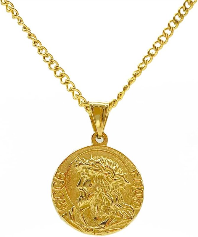 LINLINCHIC 18K Gold Plated Jesus Coin Necklace, Christian Prayer Pendant for Men Women, Religious Necklace