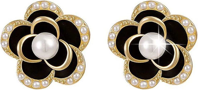 XaiYimee Black Camellia Pearl Earings Flower Stud Earrings Fashion Jewelry for Women, Alloy Steel, Created Pearl