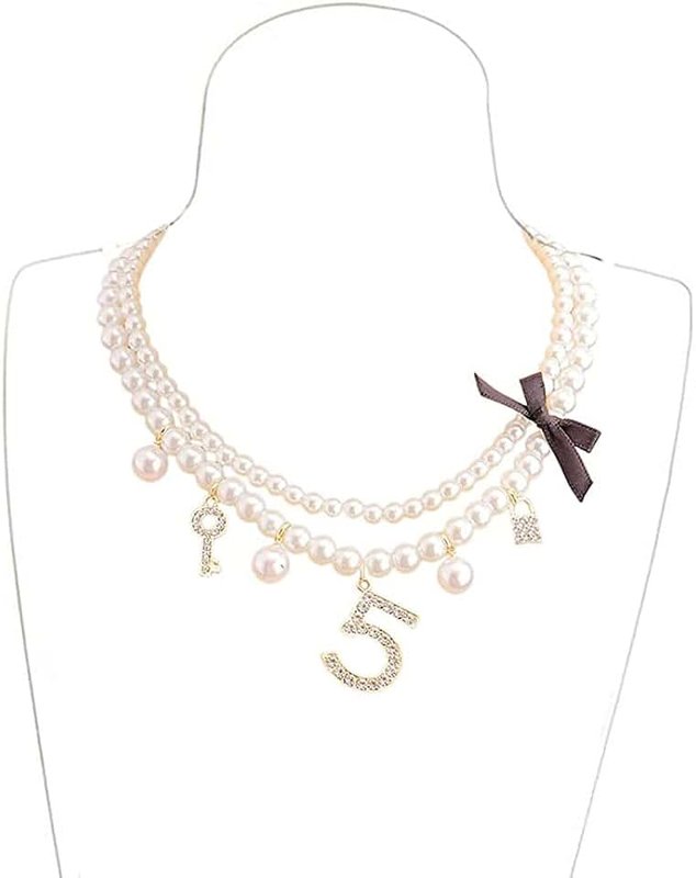 XaiYimee Dainty Simulated Pearls Choker Layered Pearl Necklace Rhinestone Number 5 Dangle Necklace for Women Party Jewelry Gifts, F, Metal, Rhinestone