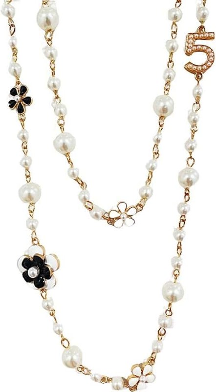 XaiYimee Designer Imitation Pearl Neckalce Camellia Flower Number 5 Long Layered Charm Sweater Neckalce for Women, Metal, No Gemstone