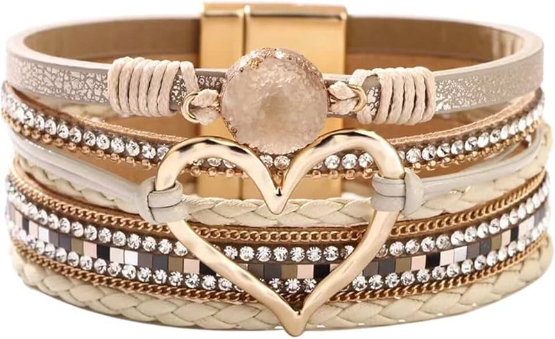 KunBead Jewelry Heart Leather Wrap Bracelets for Women Handmade Braided Boho Multilayer Magnetic Buckle Bracelet Wristband Cuff Bangle Birthday Gifts
