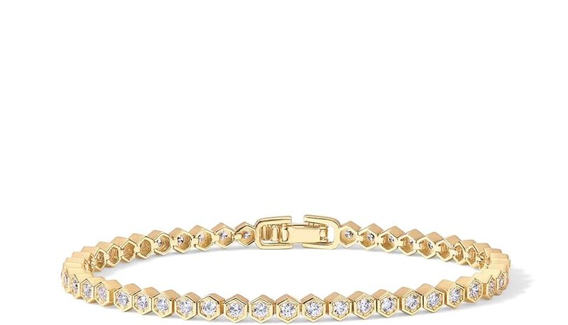 PAVOI 14K Gold Plated 2mm Cubic Zirconia Honeycomb Tennis Bracelet | Gold Bracelet for Women | SizeS 6.5-7.5 Inch
