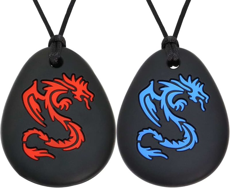 Panny & Mody Pack of 2 Dragon Sensory Chew Necklaces, Silicone Chewy Fidget Stim Toy Chewable Pendant Jewellery for Boys and Girls Autism, Chewing, ADHD, SPD, Sensory Oral Motor Aids(Red/Blue)