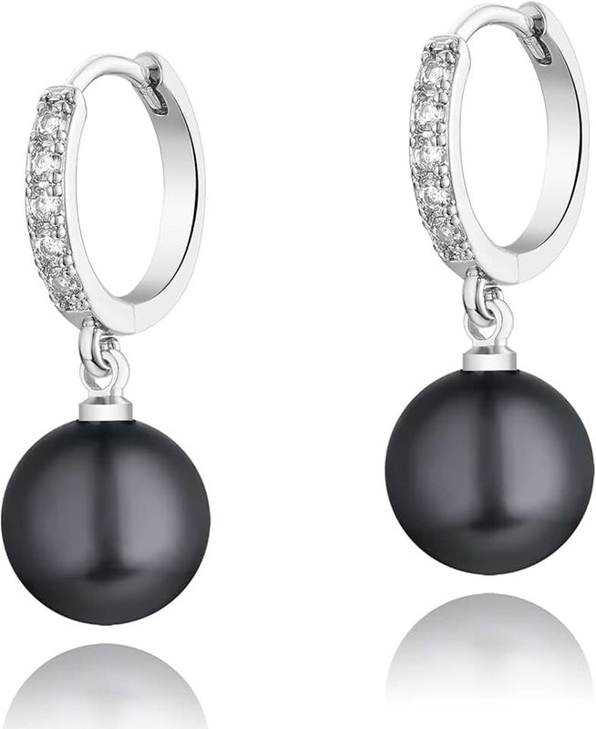 CERSLIMO Pearl Drop Earrings for Women Girls | S925 Sterling Silver Post Simulated Shell Pearl Hoop Dangle Earrings, Hypoallergenic Cubic Zirconia Huggies Earrings Bridesmaid Jewelry