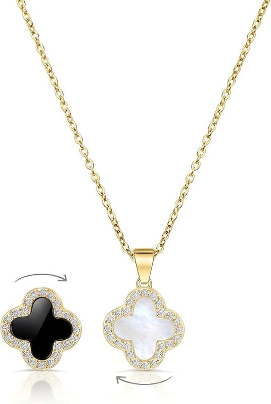 SHINYY 2 Side Crystal Clover Necklace for Women 18K Gold Plated Stainless Steel Four Leaf Lucky Pendant Black & White Cubic Zirconia Jewelry for Mother and Daughter