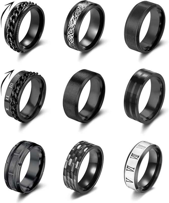YOVORO 9Pcs Stainless Steel Band Rings for Men Women Fidget Anxiety Relief Rings Spinner Ring Wedding Promise Rings Set