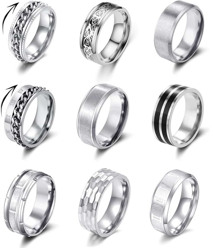 YOVORO 9Pcs Stainless Steel Band Rings for Men Women Fidget Anxiety Relief Rings Spinner Ring Wedding Promise Rings Set