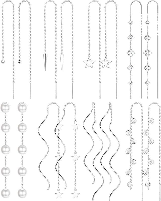 HAIAISO 8 Pairs Threader Dangle Earrings for Women 316L Stainless Steel Chain Tassel Earrings Lightweight Double Twist Wave Threader Drop Earrings Long Chain Earrings Set ClimeCo Certified