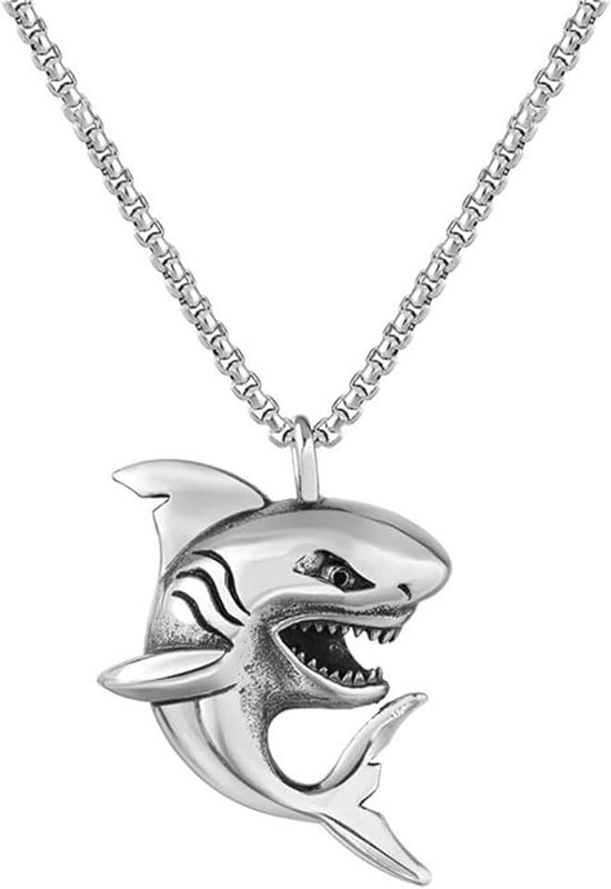 Dreuyet Shark Tooth Necklace for Men Women Personalized Stainless Steel Punk Rock Cool Black/Gold/Silver Ocean Marine Animal Pendant Necklace Hawaiian Beach Surfer Jewelry Gifts