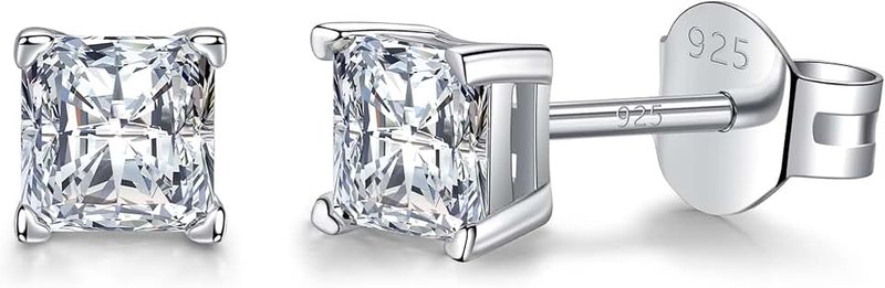 LUCKMORA 925 Sterling Silver Cubic Zirconia Earrings Studs for Men Hypoallergenic Nickel Free Earrings for Women Princess Round Cut