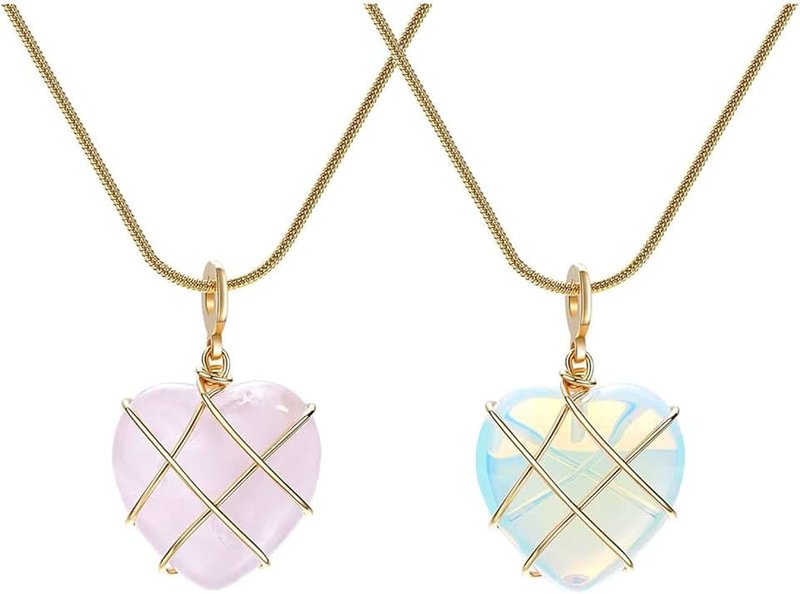 QXFQJT Chunky Heart Necklace Coquette Y2k Moonstone Heart Necklace Rose Quartz Heart BFF Best Friend Friendship Necklace for Women