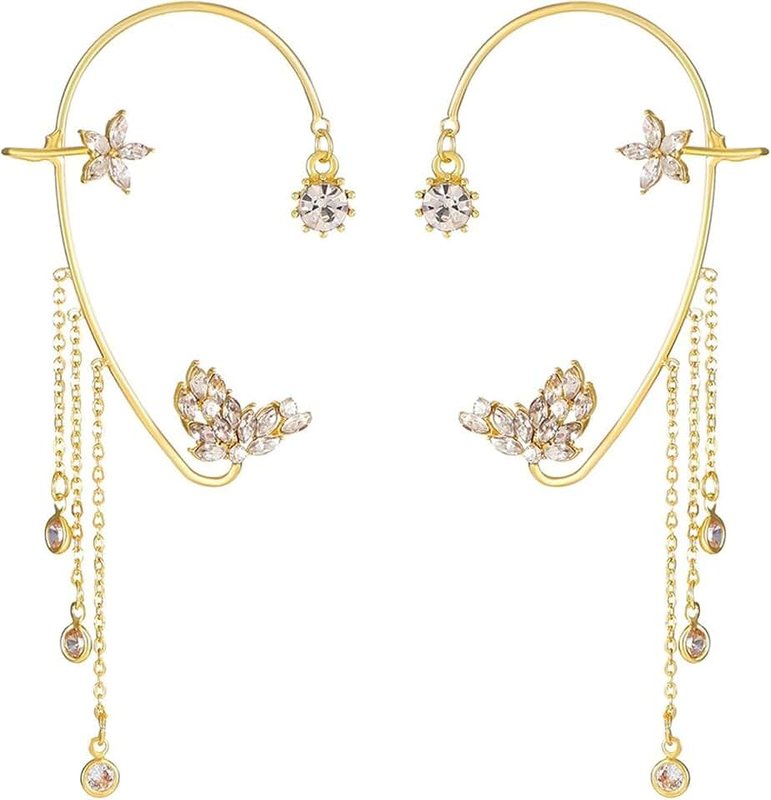 Asnewa Butterfly Tassel Style Zircon Earrings - Non Piercing Butterfly Flower Tassel Wrap Around Clip-On Earrings, Shiny Ear Cuff Butterfly Earrings for Women