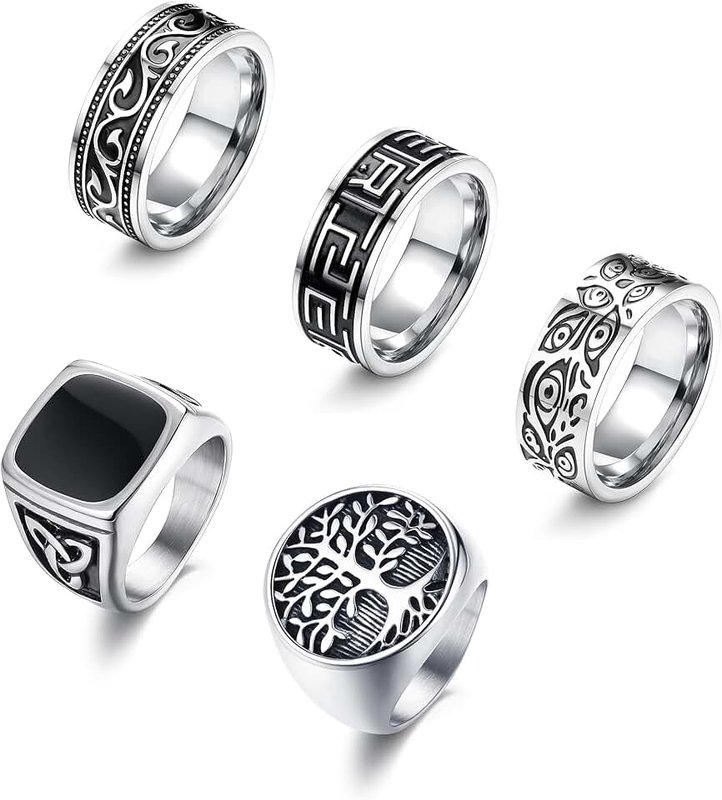 Sanfenly 5Pcs Stainless Steel Rings for Men Greek Signet Thumb Silver Retro Carving Celtic Band Rings Vintage Biker Band Rings Set