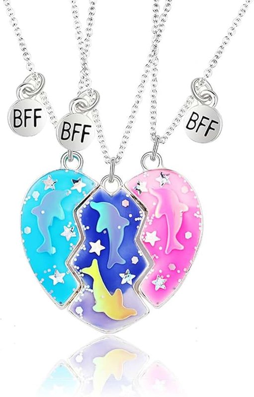 YLLZJ Pack of 3 Love Necklaces, BFF Necklaces, Friendship, Dolphin Heart Necklace, Gifts for Sisters and Best Friends, Birthday Gifts, Necklace with Pendant Gifts, Silver