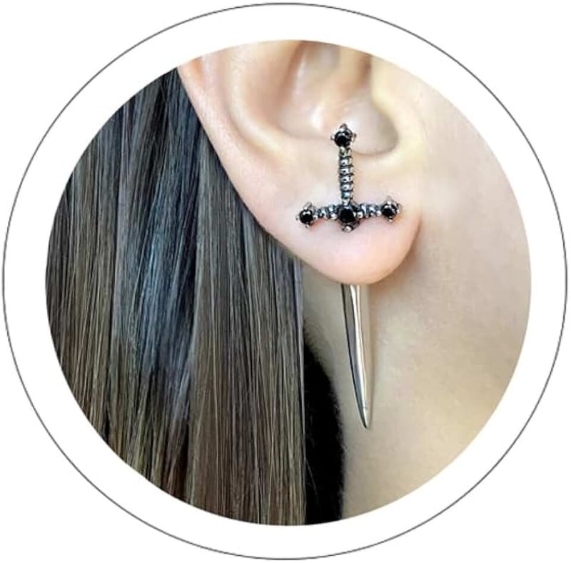 Atiptu Gothic Cross Sword Earrings for Women Men - Cool Hiphop Dagger Stud, Unique Retro Long Hook, Vintage Silver Punk Style Dangle Drop - Halloween