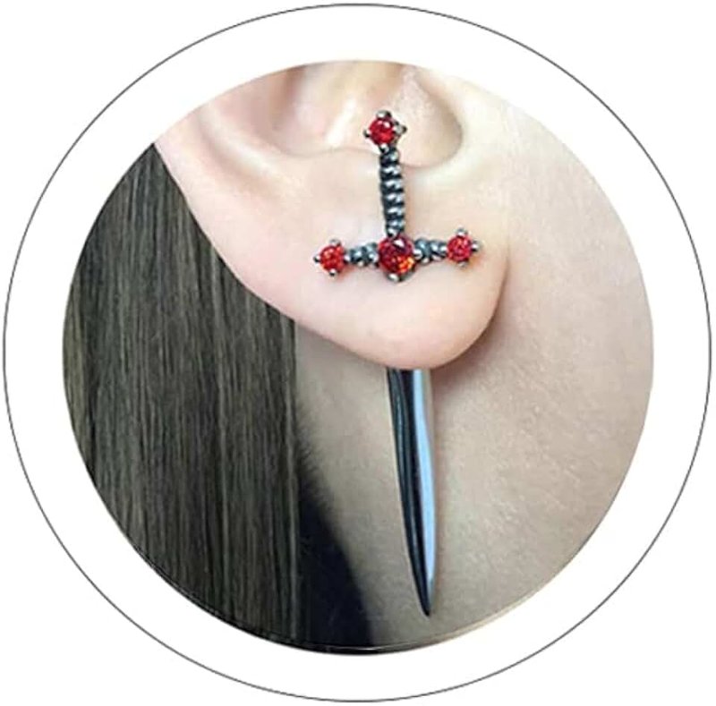 Atiptu Gothic Cross Sword Earrings for Women Men - Cool Hiphop Dagger Stud, Unique Retro Long Hook, Vintage Silver Punk Style Dangle Drop - Halloween