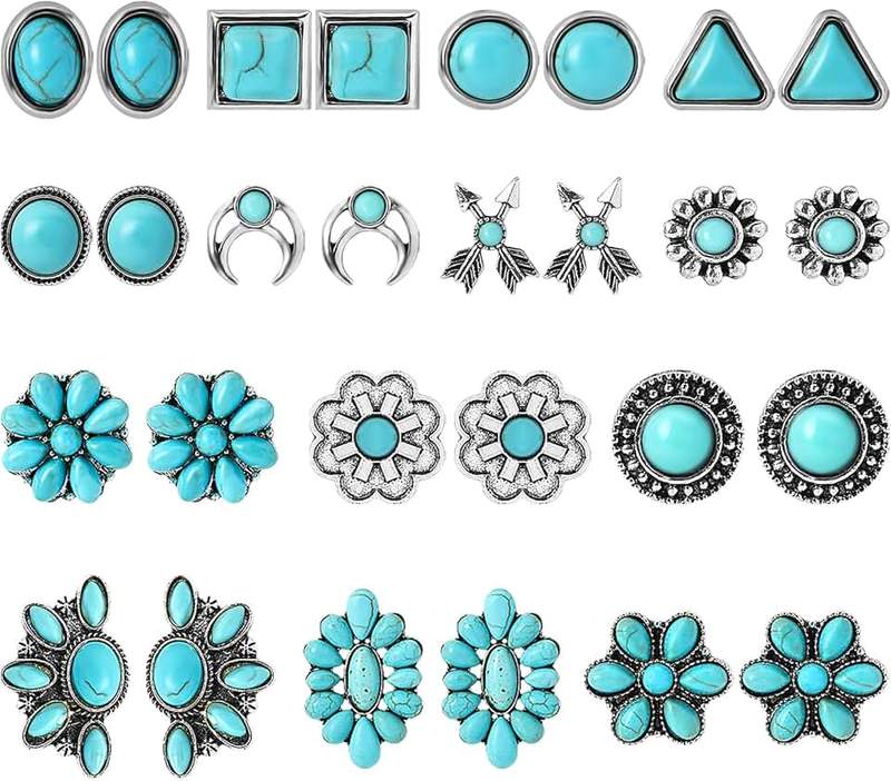 NEWITIN 14 Pairs Turquoise Stud Earrings for Women Hypoallergenic Earrings Turquoise Jewelry Gemstone Oval Round Flower Shape Square Studs Turquoise Earrings for Women Girls