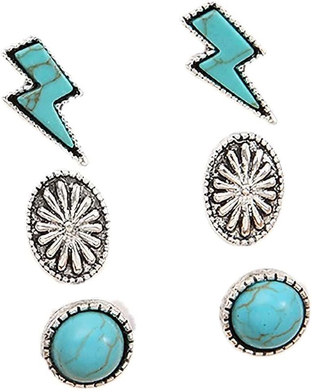 Pingyongchang Western Earrings for Women Natural Turquoise Earrings Western Jewelry Lightning Bolt Stud Cowgirls Earrings Set Teen Girls 80s 90s Accessories