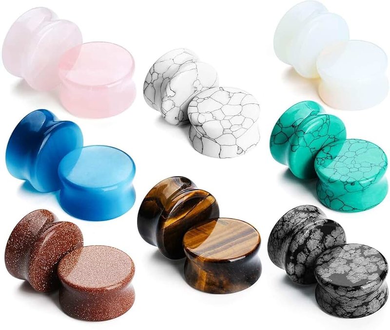 CABBE KALLO Natural Stone Ear Plugs Stretching Gauges Kit,16Pcs Mixed 6MM-20MM Saddle Double Flare Tunnel Unisex Earrings Body Jewelry