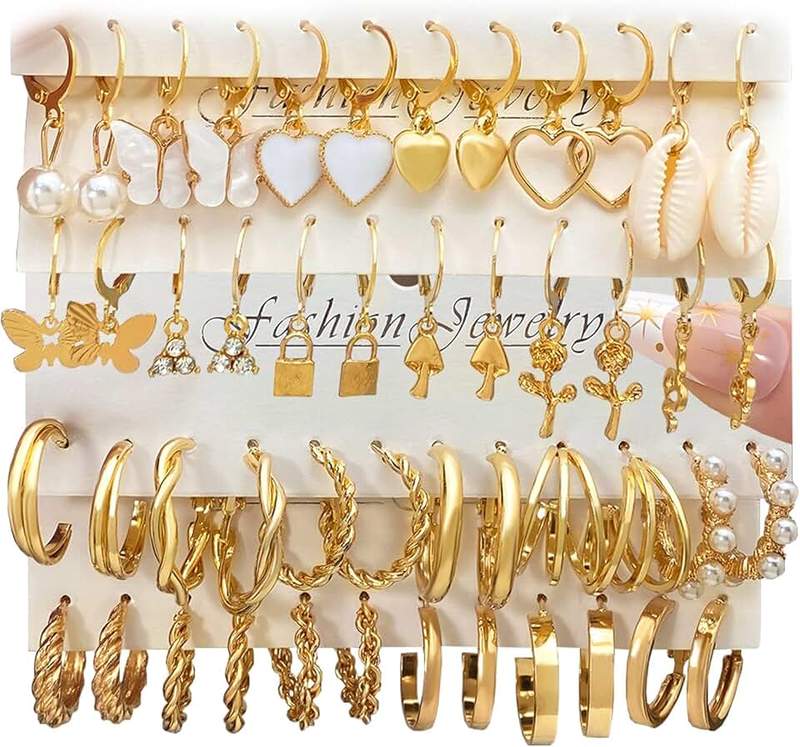 IFKM IFKM 24 Pairs Gold Hoop Earrings Set for Women Hypoallergenic Chunky Chain Twisted Open Hoops Dangle Earring Packs for Birthday Party Christmas Fashion Jewelry Gift, Zinc, Cubic Zirconia