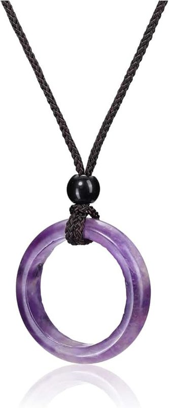 Jovivi Healing Crystal Pendant Necklace Women Natural Purple Amethyst Crystals Gemstones Quartz Round Stone Cord Necklace Adjustable Jewellery Gifts for Men